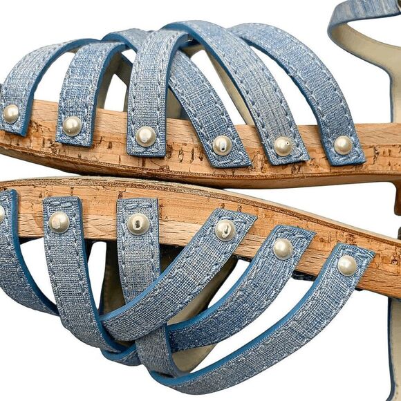 Chanel Fantasy Blue Calf Leather CC Logo Wooden Platform Sandals EU 38 US 7-7.5 - Picture 7 of 11